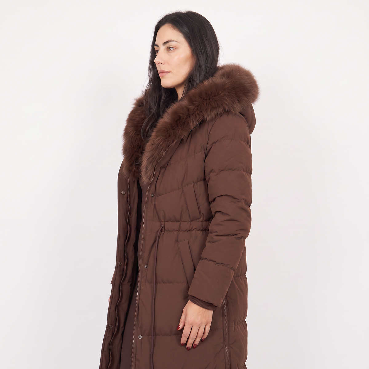 Women's Faux Fur Trim Hooded Winter Puffer Coat - Brown