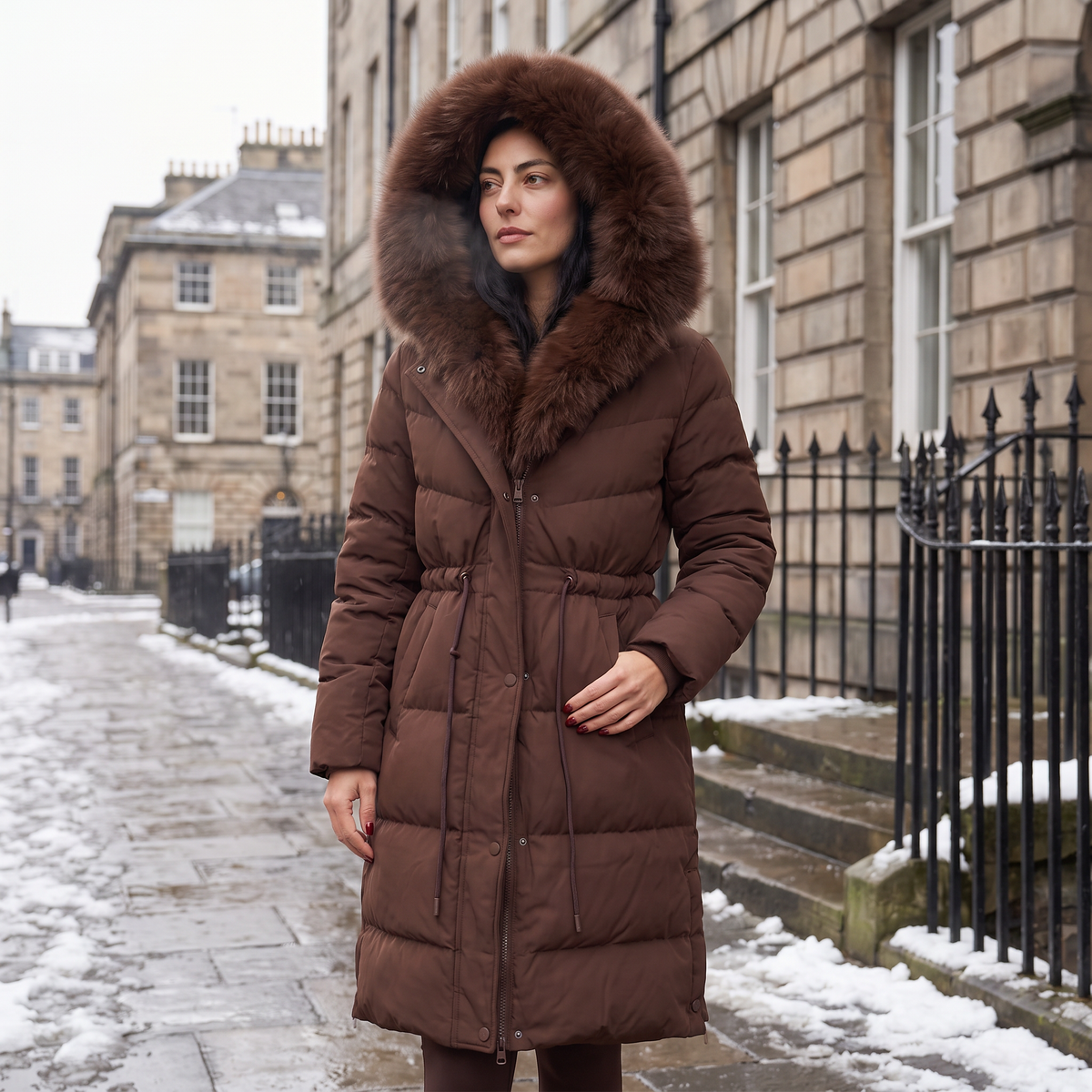 Women's Faux Fur Trim Hooded Winter Puffer Coat - Brown
