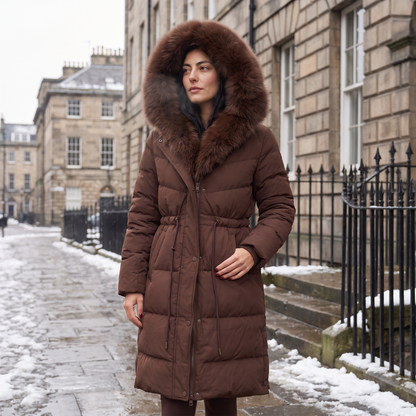Women's Faux Fur Trim Hooded Winter Puffer Coat - Brown