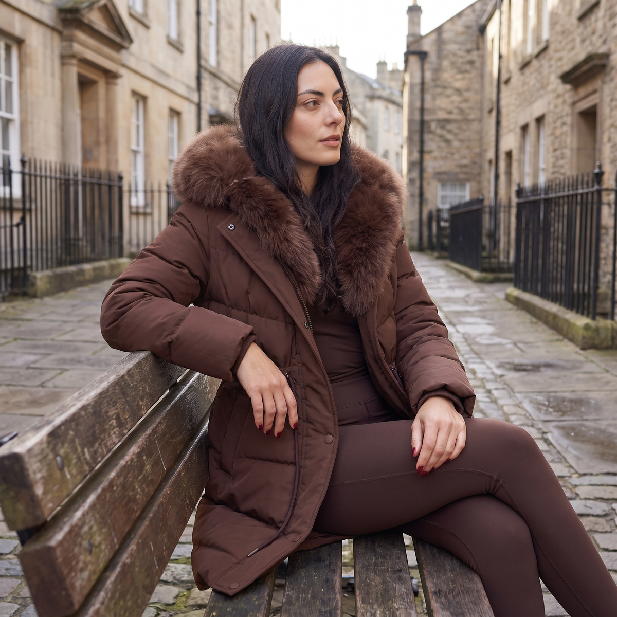 Women's Faux Fur Trim Hooded Winter Puffer Coat - Brown