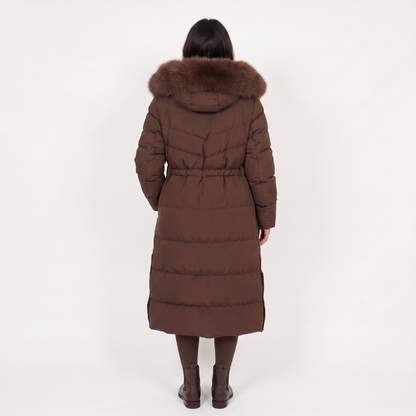 Women's Faux Fur Trim Hooded Winter Puffer Coat - Brown