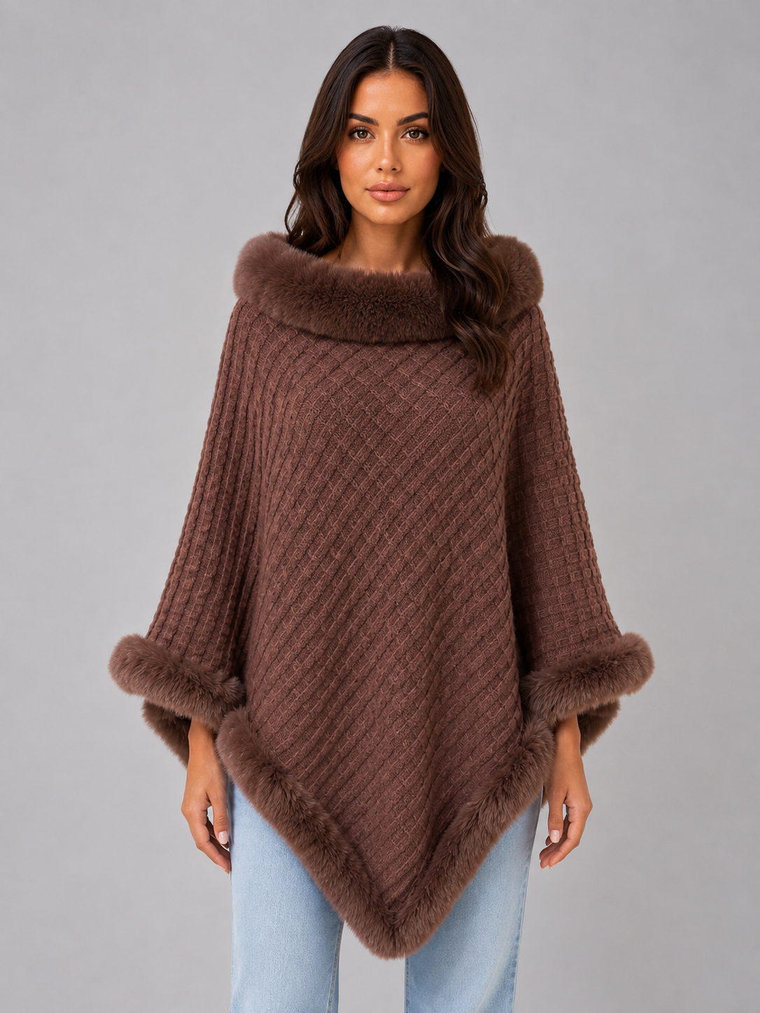 Women's Faux Fur Trim Knit Cape Poncho - Brown