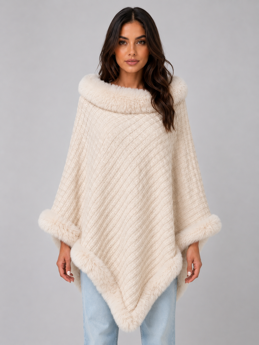 Women's Faux Fur Trim Knit Cape Poncho - Cream