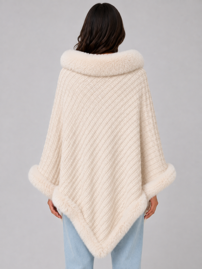 Women's Faux Fur Trim Knit Cape Poncho - Cream