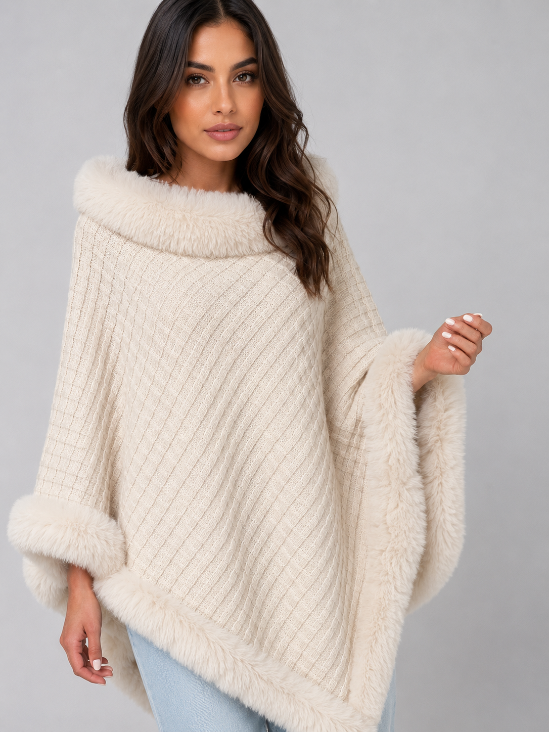 Women's Faux Fur Trim Knit Cape Poncho - Cream