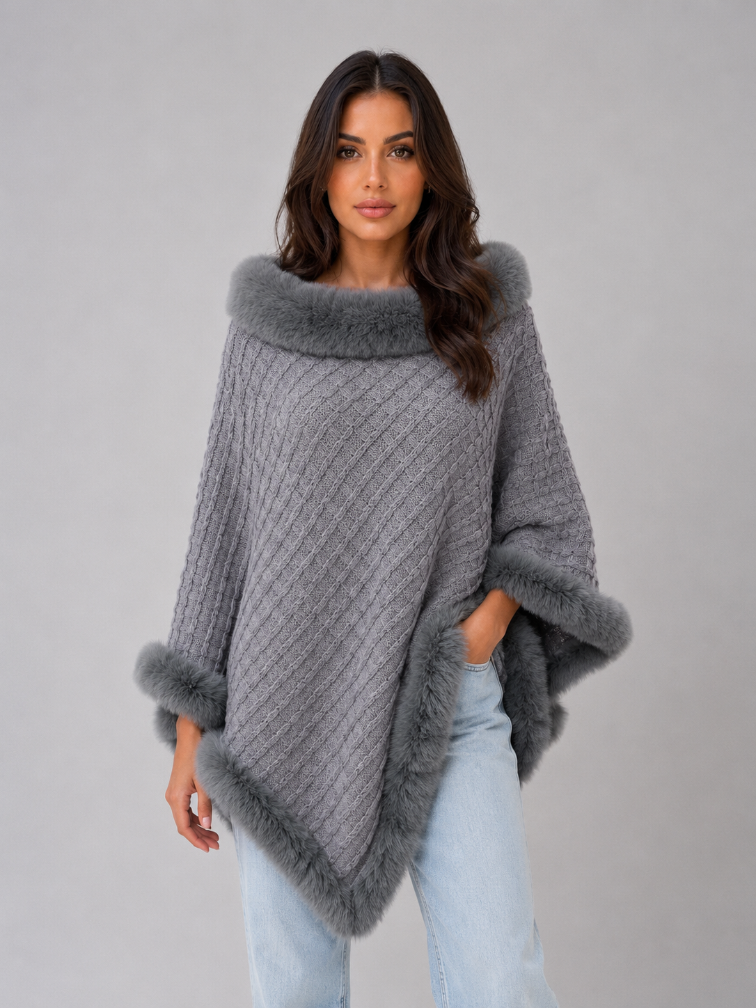 Women's Faux Fur Trim Knit Cape Poncho - Gray