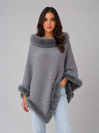 Women's Faux Fur Trim Knit Cape Poncho - Gray