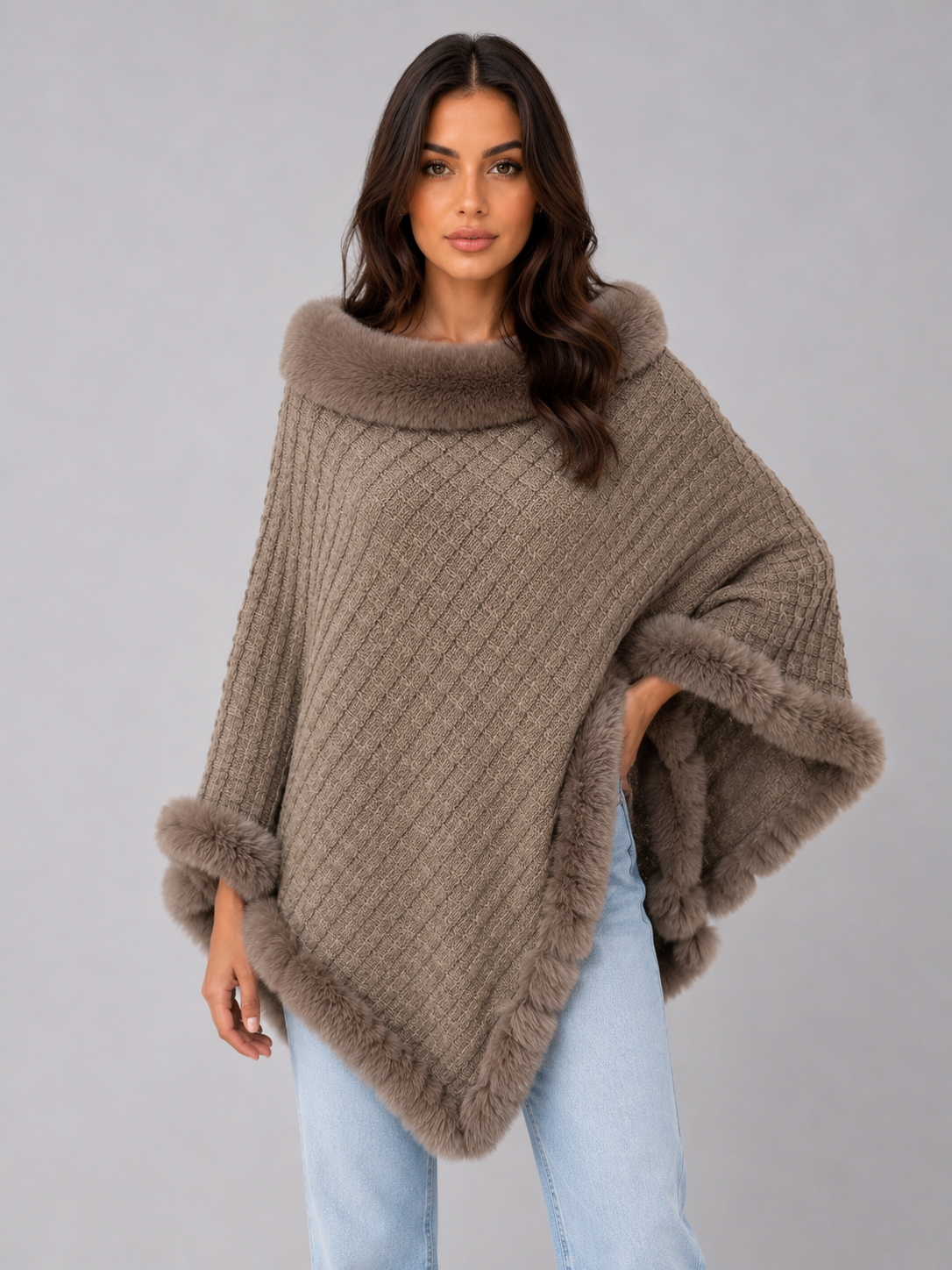 Women's Faux Fur Trim Knit Cape Poncho - Khaki