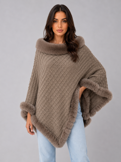 Women's Faux Fur Trim Knit Cape Poncho - Khaki