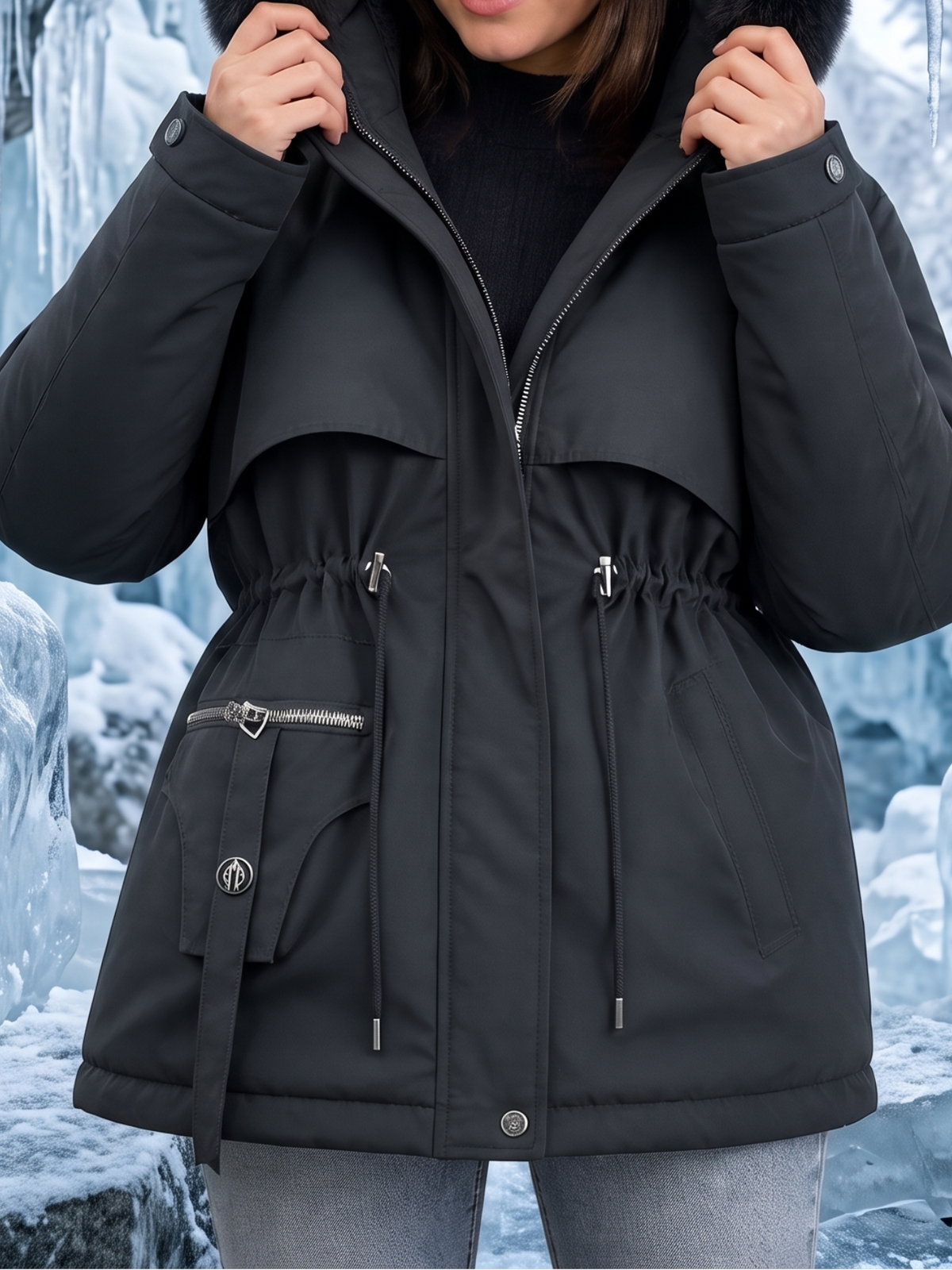 Women's Faux Fur Trim Quilted Parka Coat for Women - Black