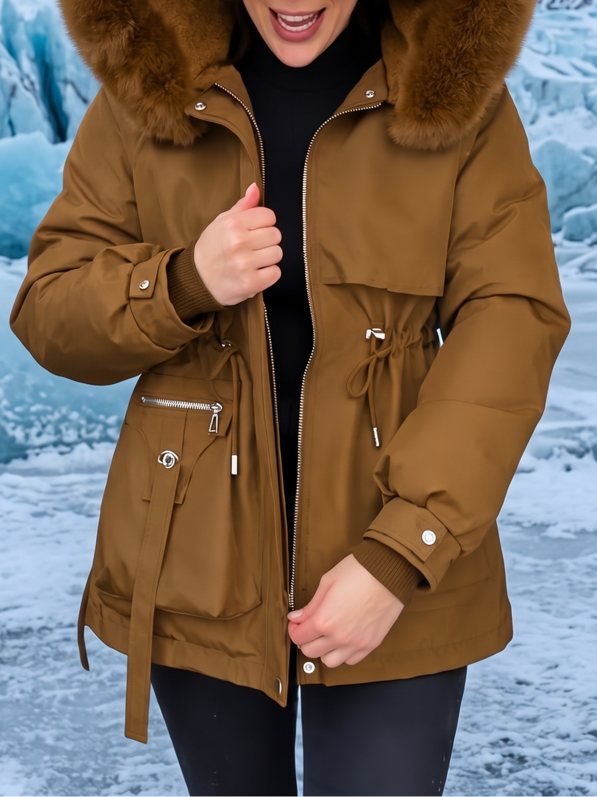 Women's Faux Fur Trim Quilted Parka Coat for Women - Brown