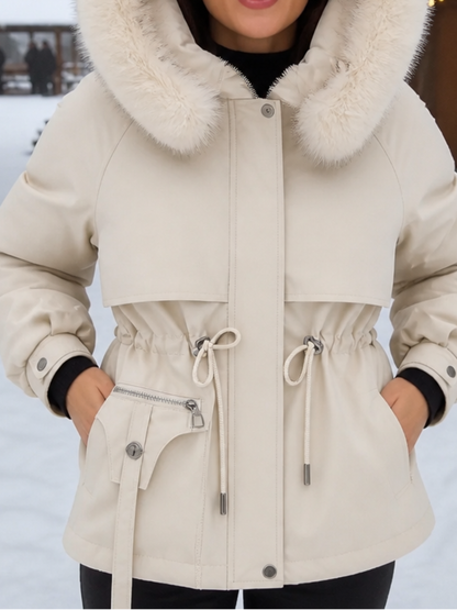 Women's Faux Fur Trim Quilted Parka Coat for Women - Ivory