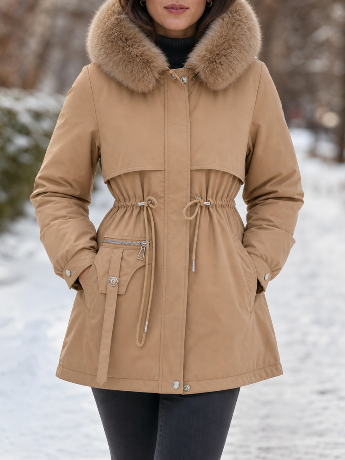 Women's Faux Fur Trim Quilted Parka Coat for Women - Khaki