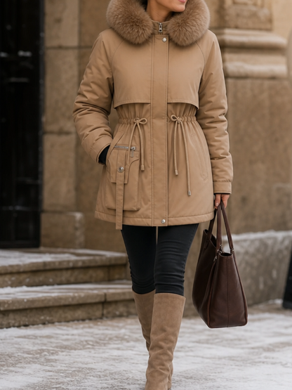 Women's Faux Fur Trim Quilted Parka Coat for Women - Khaki