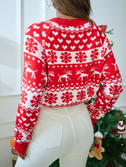 Women's Festive Red Fair Isle Knit Sweater - Red Fair Isle