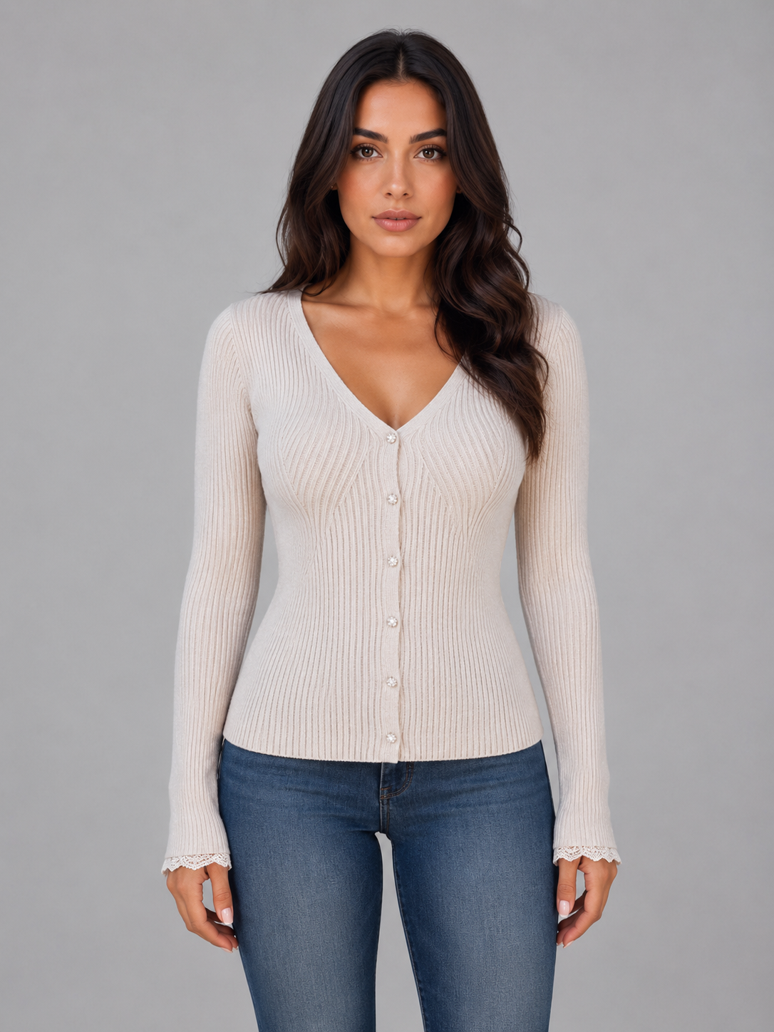 Women's Fitted Ribbed V-Neck Cardigan - Beige