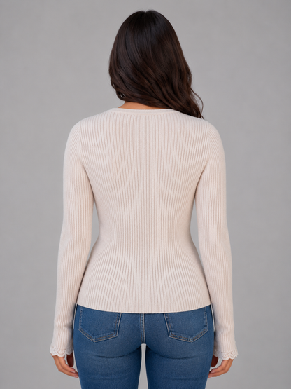 Women's Fitted Ribbed V-Neck Cardigan - Beige