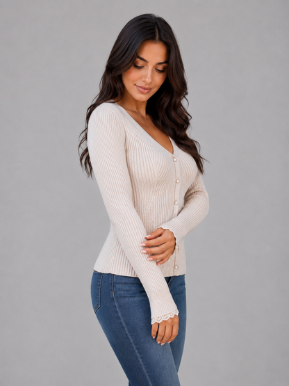 Women's Fitted Ribbed V-Neck Cardigan - Beige
