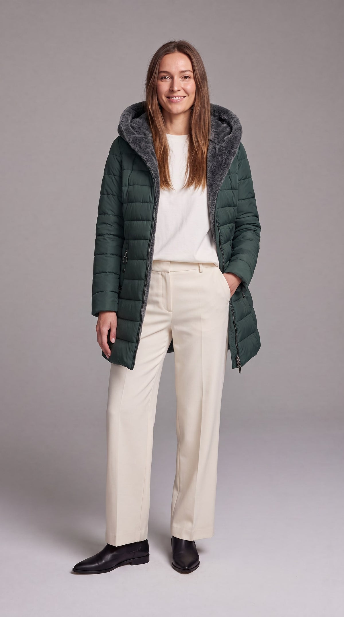 Women's Fleece-Lined A-Line Winter Coat - Green