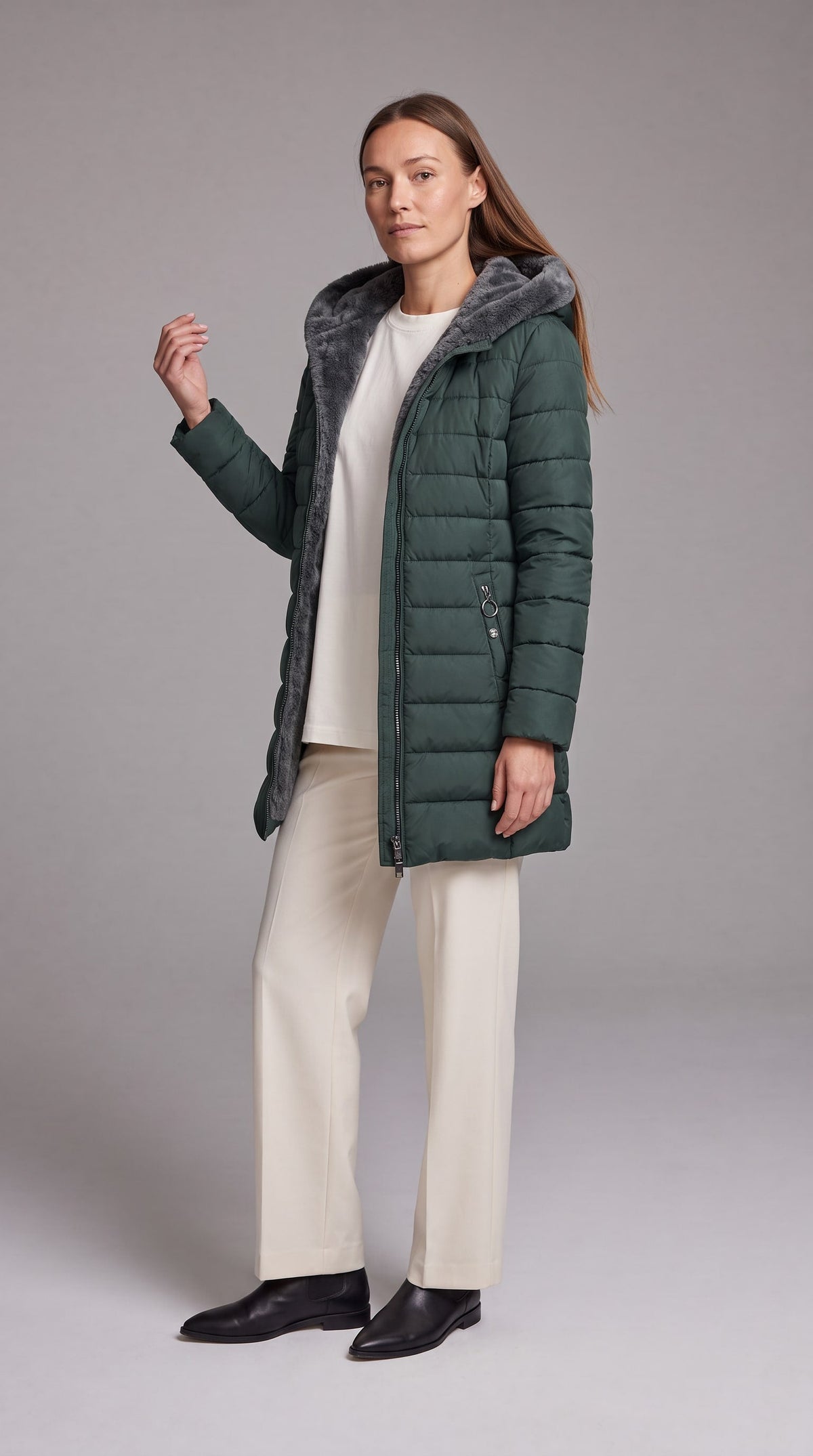 Women's Fleece-Lined A-Line Winter Coat - Green
