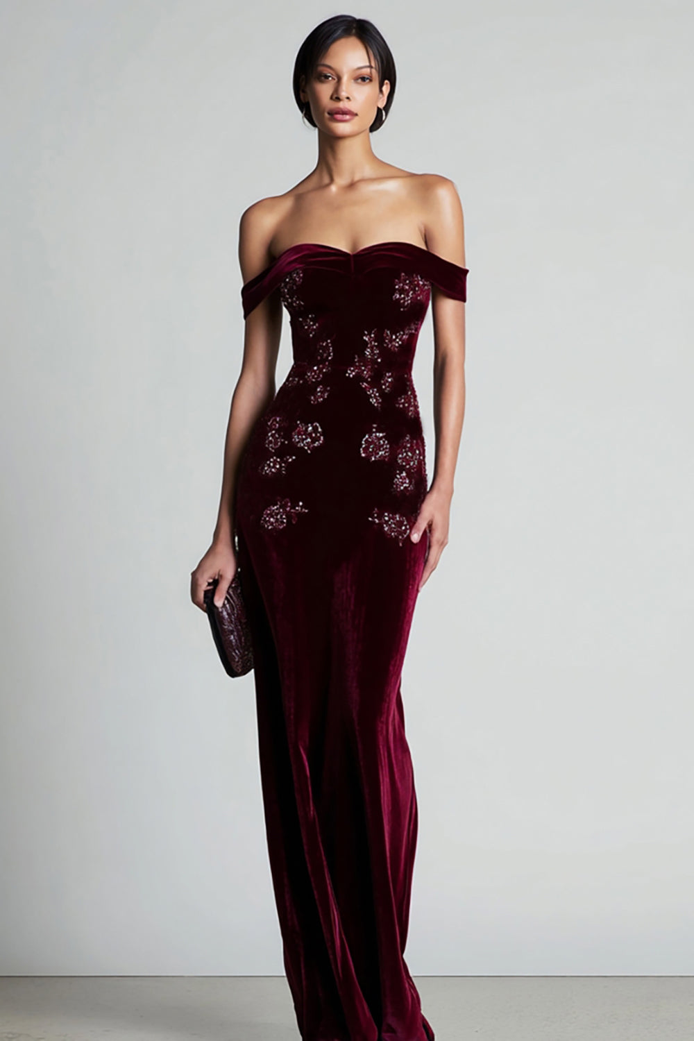 Women's Floor-Length Off-Shoulder Burgundy Velvet Dress - Burgundy