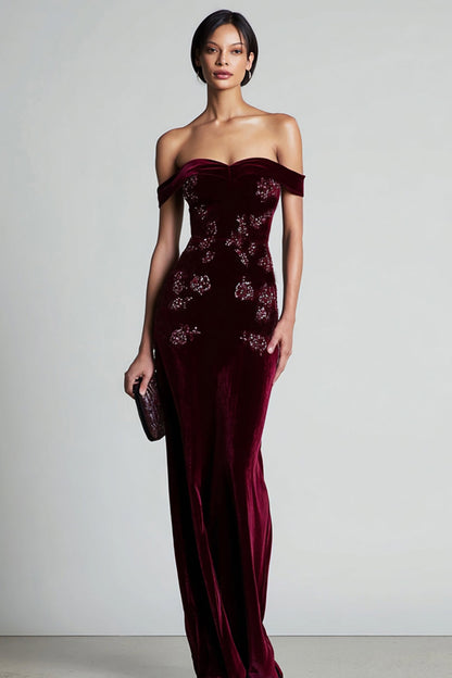 Women's Floor-Length Off-Shoulder Burgundy Velvet Dress - Burgundy