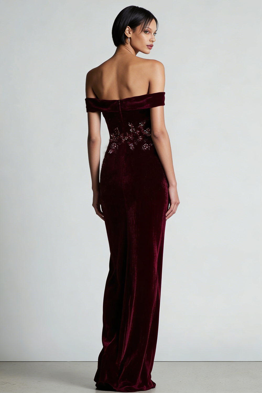 Women's Floor-Length Off-Shoulder Burgundy Velvet Dress - Burgundy