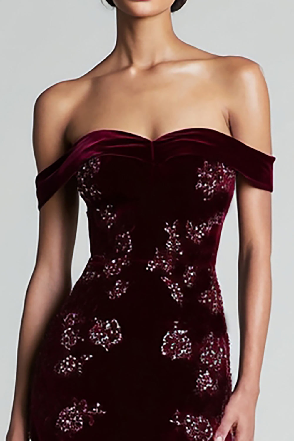 Women's Floor-Length Off-Shoulder Burgundy Velvet Dress - Burgundy