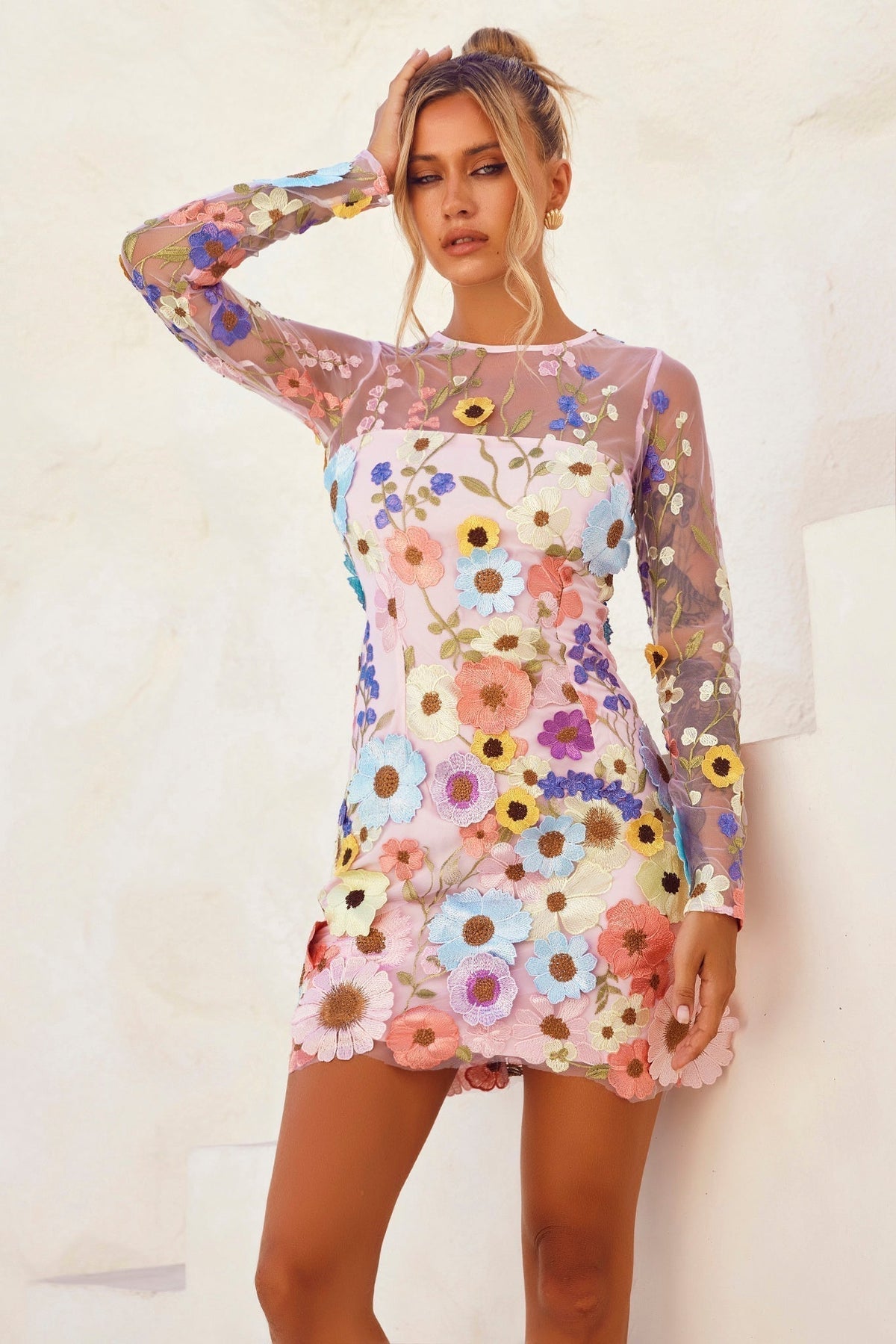 Women's Floral Applique Long Sleeve Mini Dress - Blush Floral