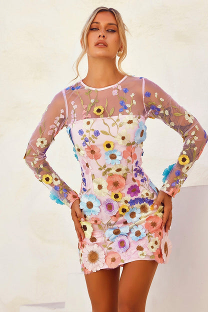 Women's Floral Applique Long Sleeve Mini Dress - Blush Floral