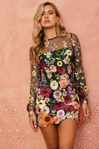Women's Floral Applique Long Sleeve Mini Dress - Forest Green Floral