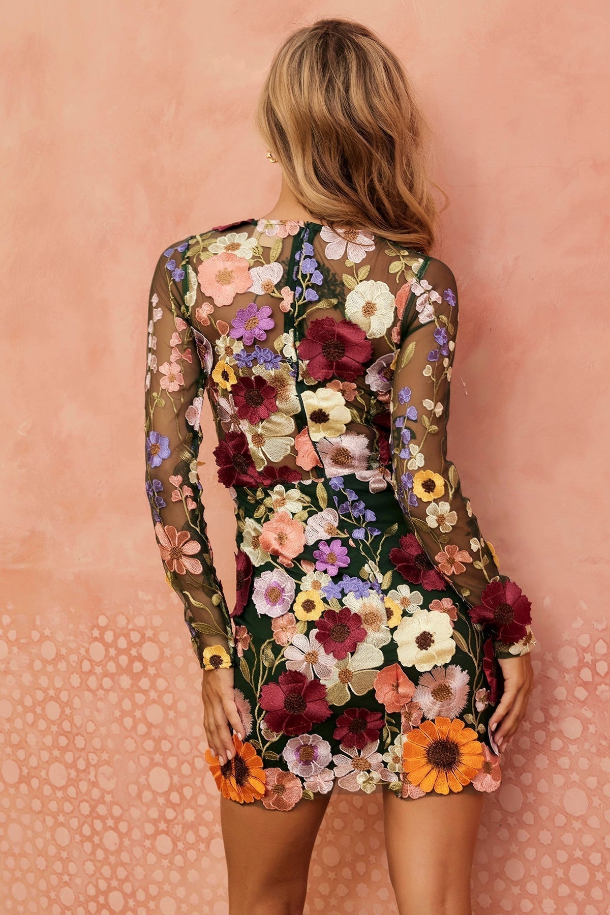 Women's Floral Applique Long Sleeve Mini Dress - Forest Green Floral