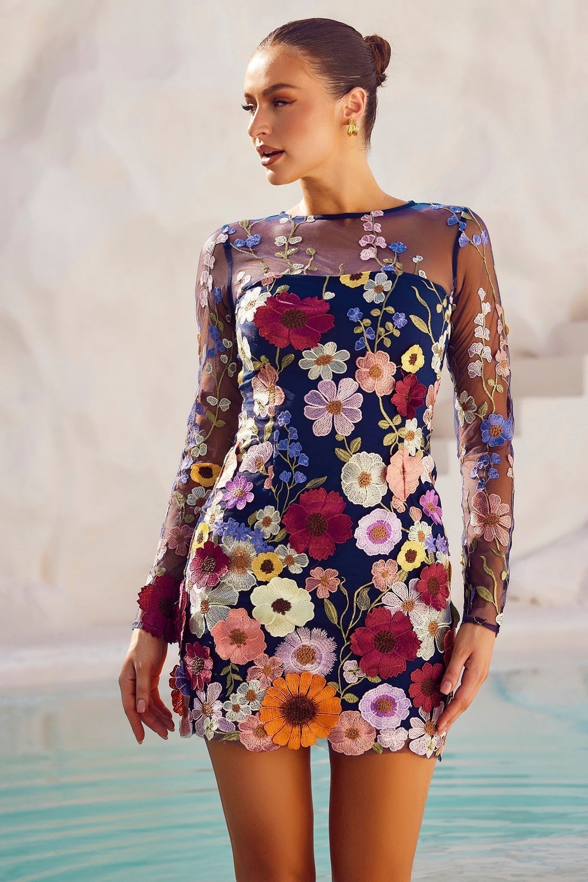 Women's Floral Applique Long Sleeve Mini Dress - Navy Floral