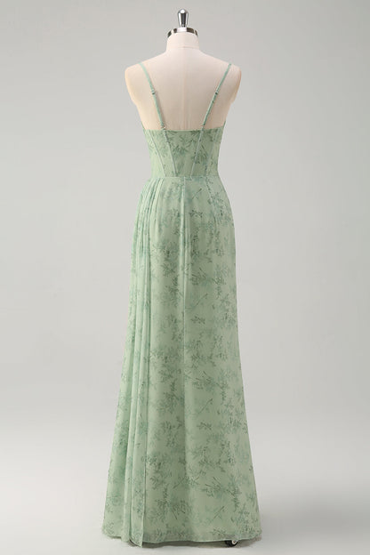 Women's Floral Chiffon Corset Floor-Length Formal Dress - Dusty Sage Floral