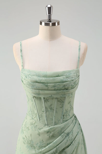 Women's Floral Chiffon Corset Floor-Length Formal Dress - Dusty Sage Floral
