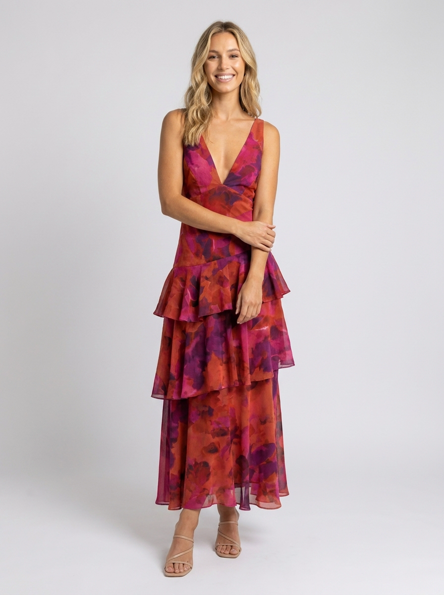 Women's Floral Deep V-Neck Tiered Ruffle Maxi Dress - Berry Floral