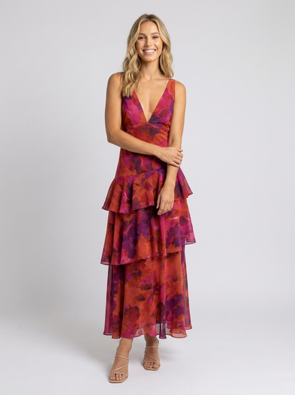 Women's Floral Deep V-Neck Tiered Ruffle Maxi Dress - Berry Floral