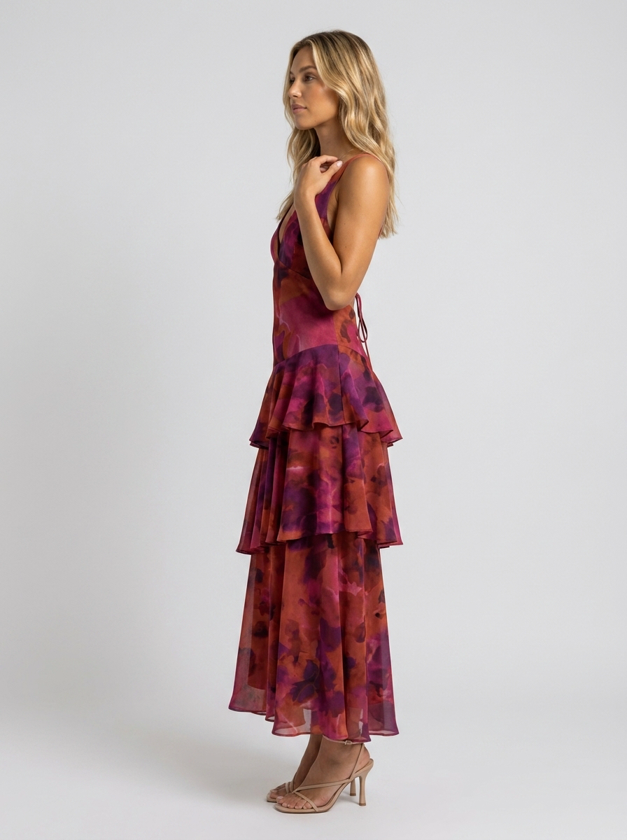 Women's Floral Deep V-Neck Tiered Ruffle Maxi Dress - Berry Floral