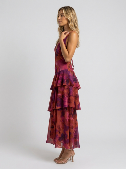 Women's Floral Deep V-Neck Tiered Ruffle Maxi Dress - Berry Floral