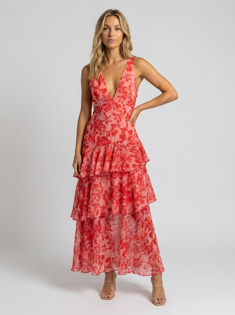Women's Floral Deep V-Neck Tiered Ruffle Maxi Dress - Coral Floral