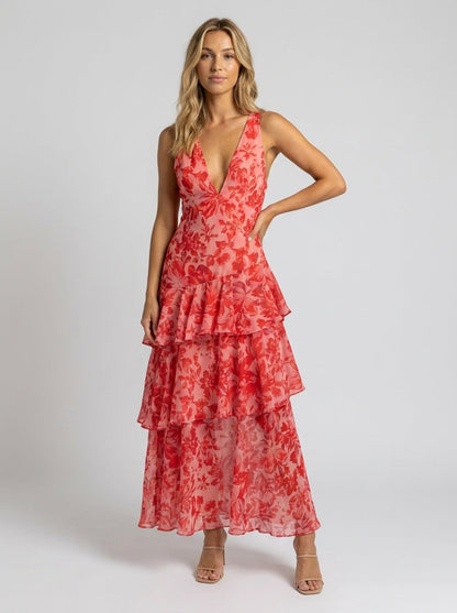 Women's Floral Deep V-Neck Tiered Ruffle Maxi Dress - Coral Floral