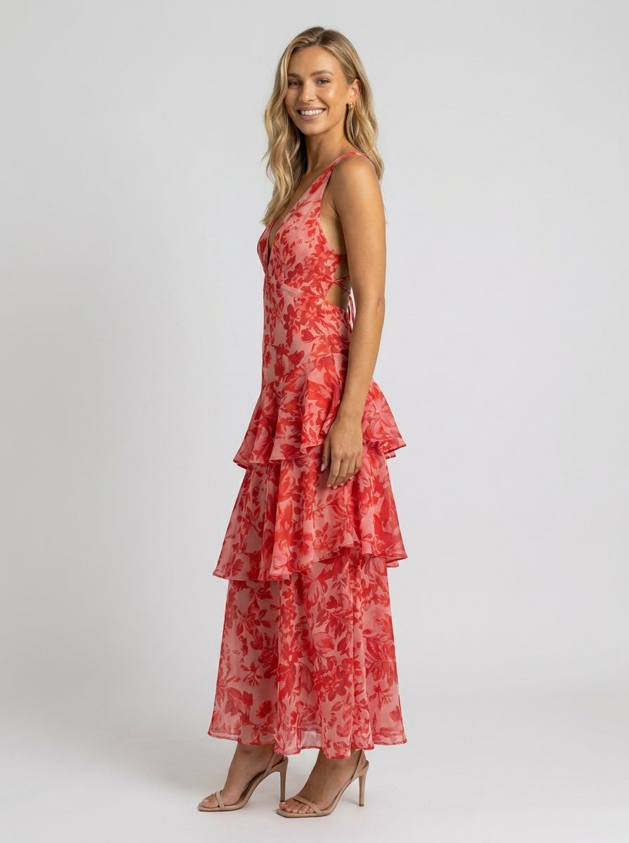 Women's Floral Deep V-Neck Tiered Ruffle Maxi Dress - Coral Floral