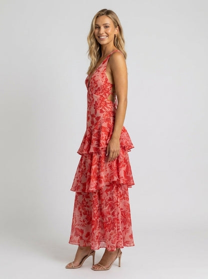 Women's Floral Deep V-Neck Tiered Ruffle Maxi Dress - Coral Floral