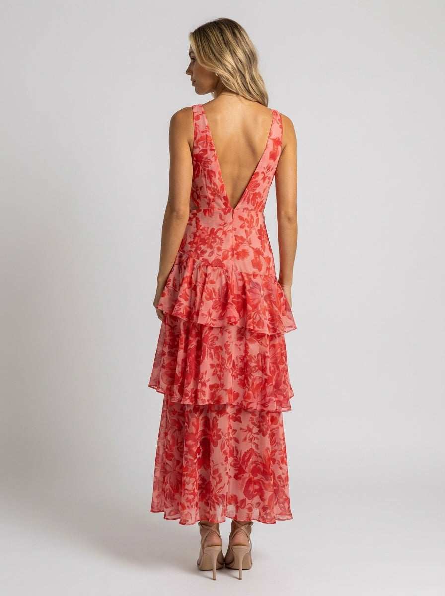Women's Floral Deep V-Neck Tiered Ruffle Maxi Dress - Coral Floral