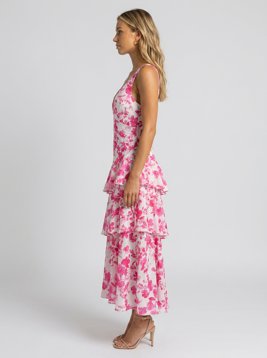 Women's Floral Deep V-Neck Tiered Ruffle Maxi Dress - Pink and White Floral