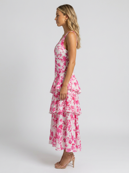 Women's Floral Deep V-Neck Tiered Ruffle Maxi Dress - Pink and White Floral