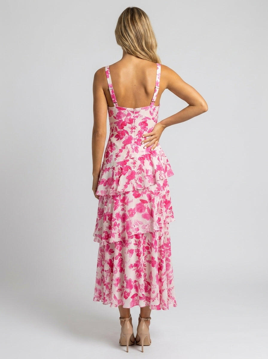 Women's Floral Deep V-Neck Tiered Ruffle Maxi Dress - Pink and White Floral