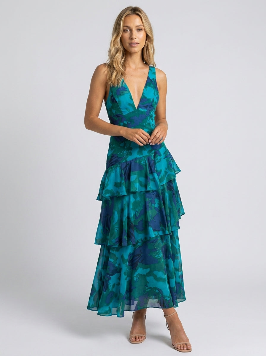 Women's Floral Deep V-Neck Tiered Ruffle Maxi Dress - Teal Floral