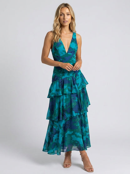 Women's Floral Deep V-Neck Tiered Ruffle Maxi Dress - Teal Floral