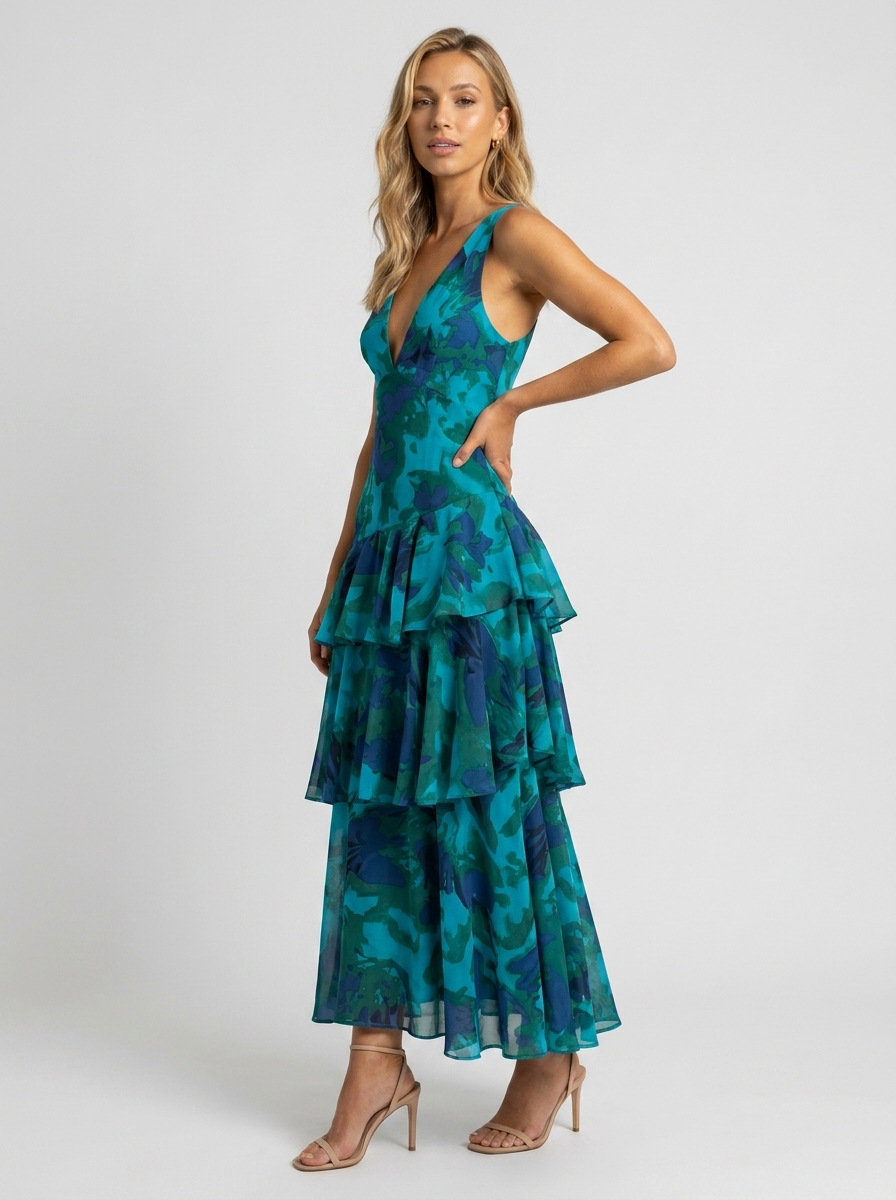Women's Floral Deep V-Neck Tiered Ruffle Maxi Dress - Teal Floral